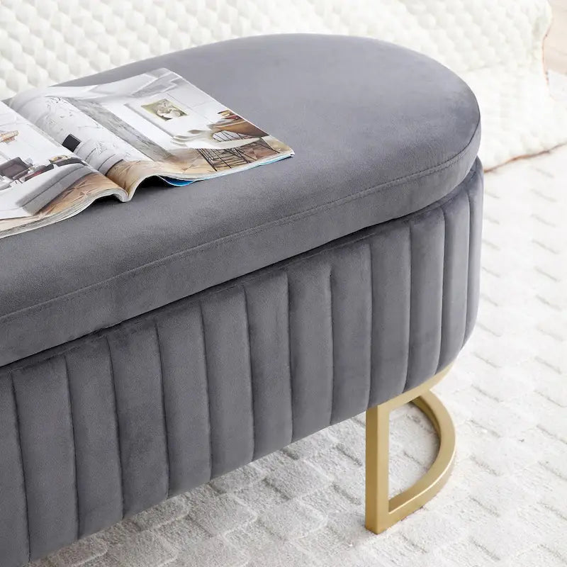 Panca contenitore, panca da camera da letto ovale imbottita in velluto con gambe in metallo dorato, pouf contenitore da 50
