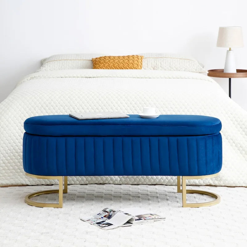 Panca contenitore, panca da camera da letto ovale imbottita in velluto con gambe in metallo dorato, pouf contenitore da 50
