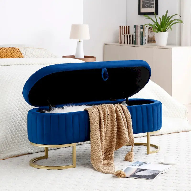 Panca contenitore, panca da camera da letto ovale imbottita in velluto con gambe in metallo dorato, pouf contenitore da 50