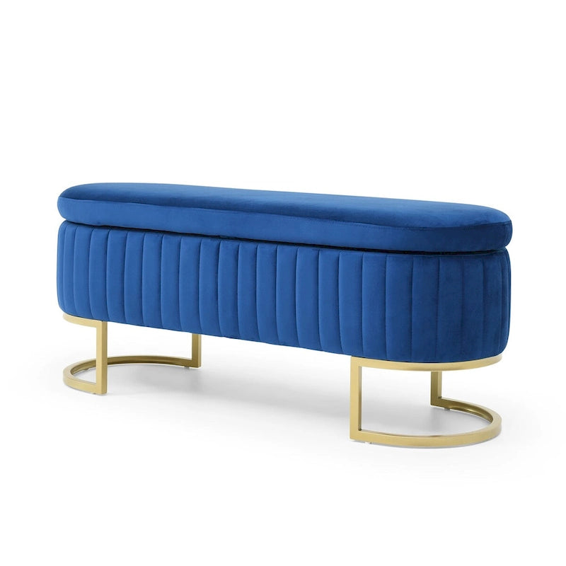 Panca contenitore, panca da camera da letto ovale imbottita in velluto con gambe in metallo dorato, pouf contenitore da 50