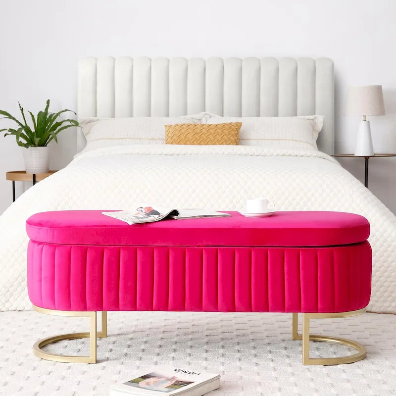 Panca contenitore, panca da camera da letto ovale imbottita in velluto con gambe in metallo dorato, pouf contenitore da 50
