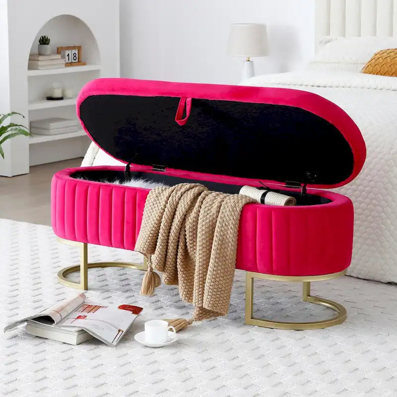 Panca contenitore, panca da camera da letto ovale imbottita in velluto con gambe in metallo dorato, pouf contenitore da 50