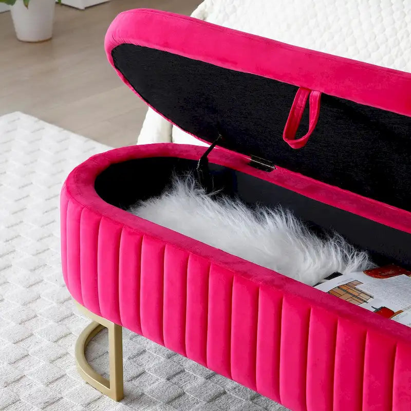 Panca contenitore, panca da camera da letto ovale imbottita in velluto con gambe in metallo dorato, pouf contenitore da 50