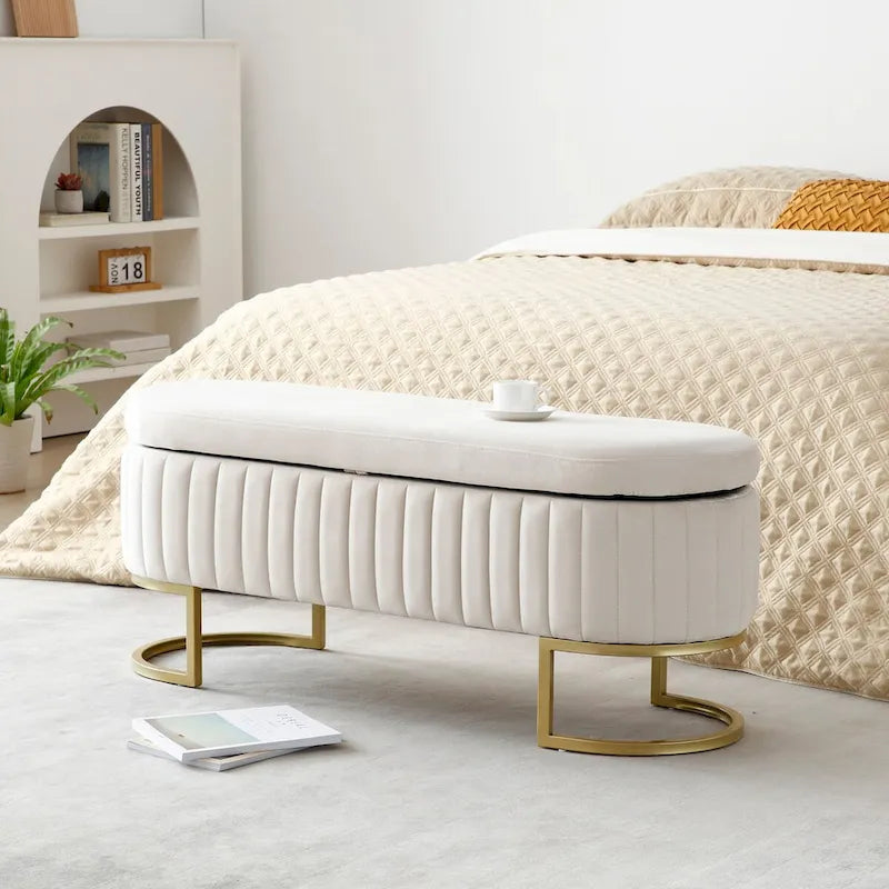 Panca contenitore, panca da camera da letto ovale imbottita in velluto con gambe in metallo dorato, pouf contenitore da 50