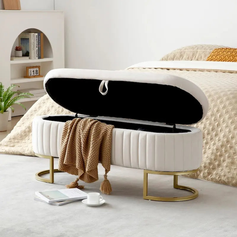 Panca contenitore, panca da camera da letto ovale imbottita in velluto con gambe in metallo dorato, pouf contenitore da 50