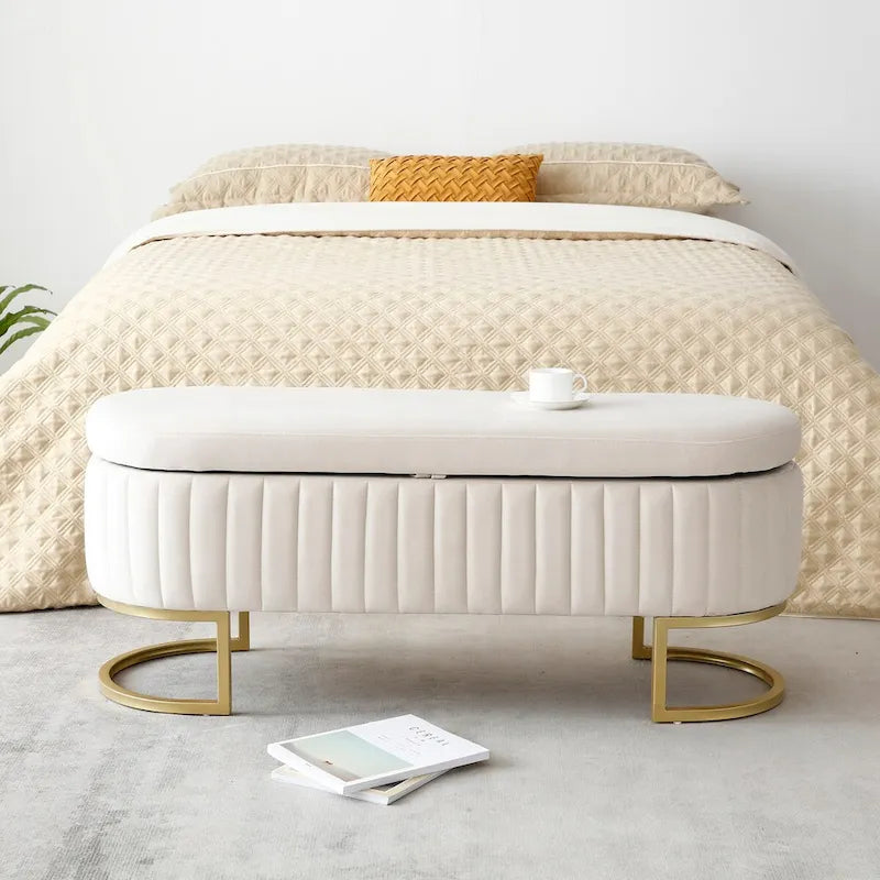 Panca contenitore, panca da camera da letto ovale imbottita in velluto con gambe in metallo dorato, pouf contenitore da 50