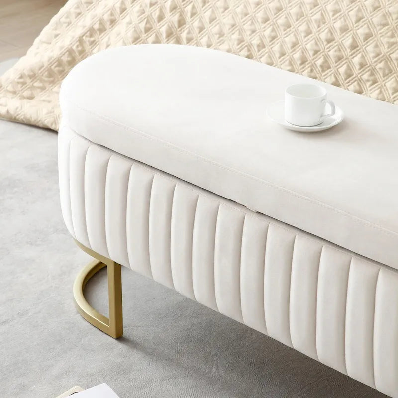 Panca contenitore, panca da camera da letto ovale imbottita in velluto con gambe in metallo dorato, pouf contenitore da 50